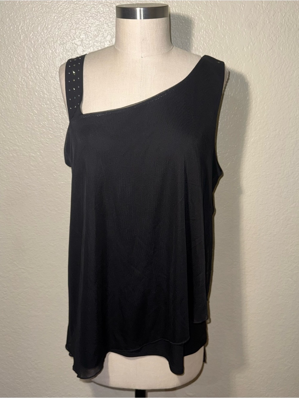 Adele & May XL Black One Shoulder Rhinestone Overlay Asymmetrical Blouse Top